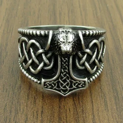 Gothic Silver Color 316L Stainless Steel Viking Thor Hammer Celtics Knot Ring Men's Nordic Lion Mjolnir Rings