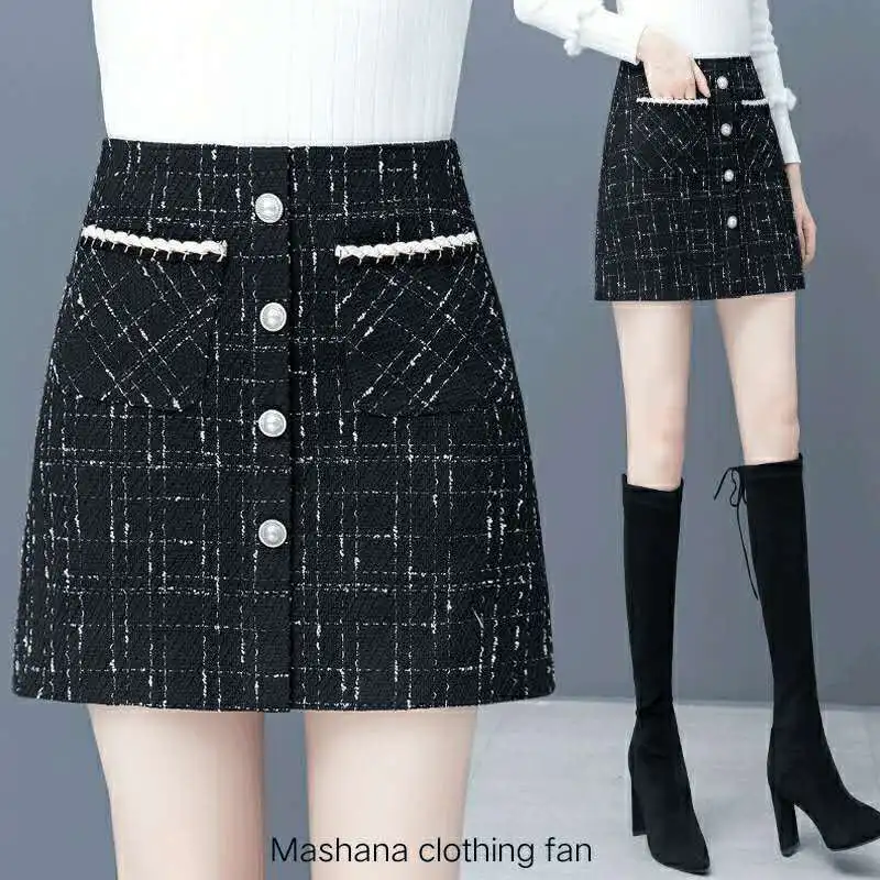 

Plaid Short Skirt Women's Autumn and Winter High Waist Tweed A- line Overall Dress Woman Skirts Faldas Jupe