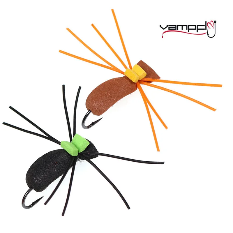 Vampfly 6pcs 10# Rubber Leg Foam Beetle Fly Dry Fly Baits Artificial Insect Lure For Trout Yellowfish Bass Fishing