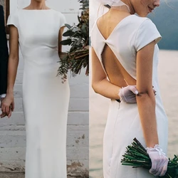 DREAM Customized Crepe Simple Sheath Wedding Dresses Open Back Plain White Elegant Bridal Dress Cap Sleeves Robe De Mariée 2025