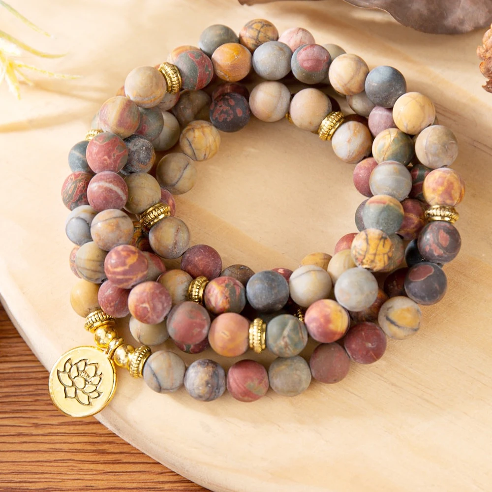 

MG1347 Natural Matte Picasso Jasper 108 Mala Bracelet Lotus Charm Yoga Mala Wrap Bracelet Meditation Spiritual Yoga Jewelry