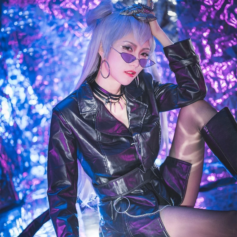 KDA Girl Group najgorsza agonia uścisk Evelynn skórzana kurtka jednolita sukienka strój gry Cosplay kostiumy peruki i łapy