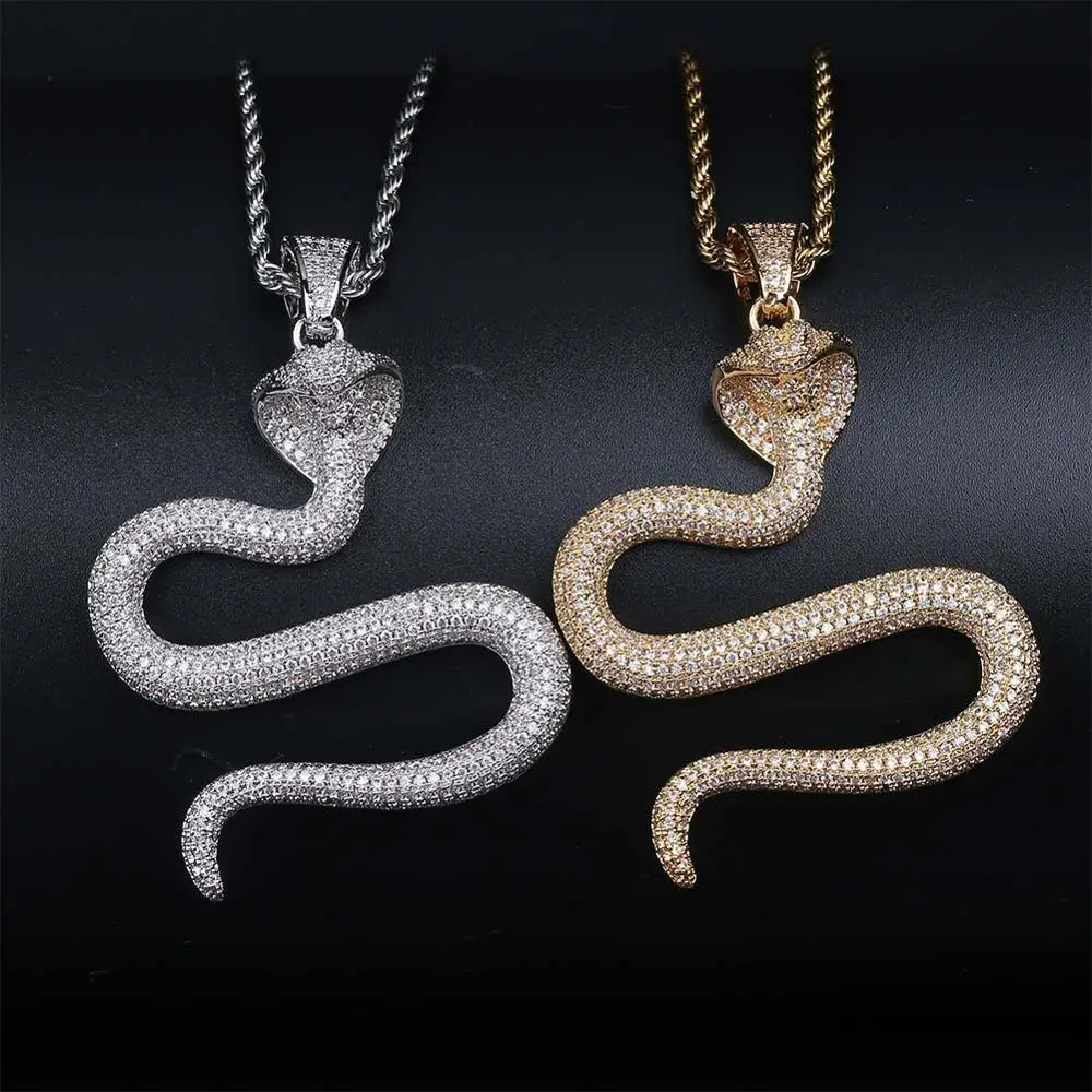 

Hip Hop Micro Paved AAA Cubic Zirconia Bling Iced Out Cobra King Snake Pendant Necklace for Men Fashion Rapper Jewelry Gifts