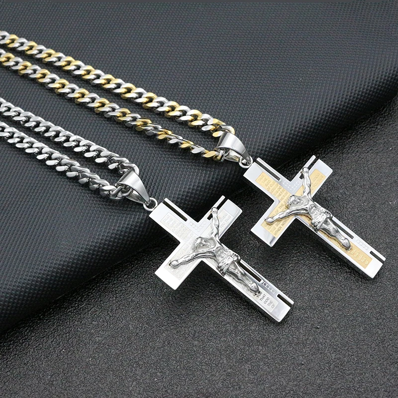 

New Fashion Women Cross Necklace 6MM&60CM Chain Stainless Steel&Gold Jesus Pendant Cross Necklace For Men Jewelry