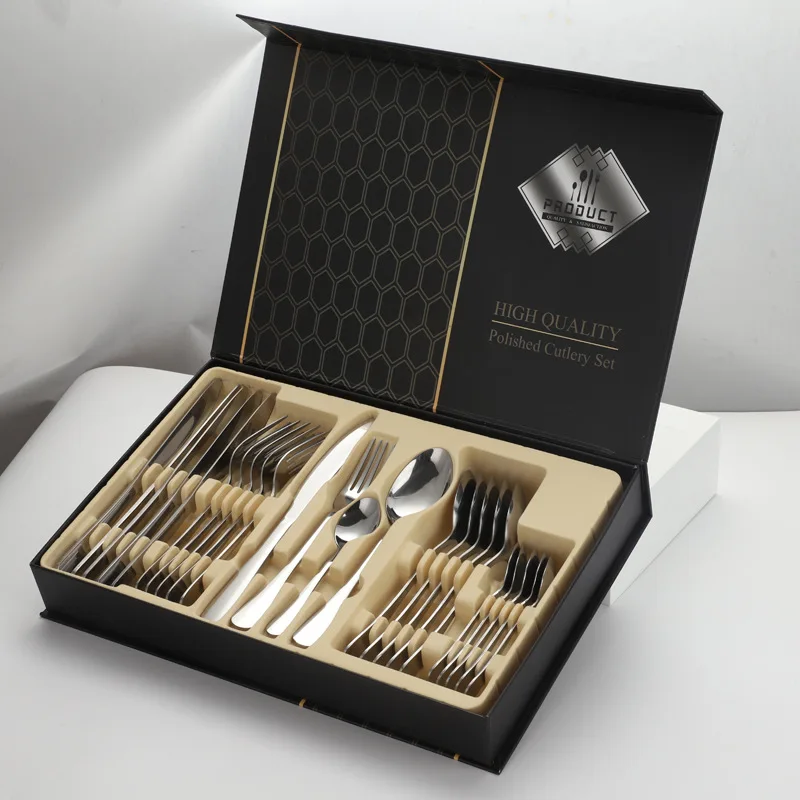 Silver Cutlery Gold Cover Gift Box, Dinner Set, New Year Gifts 2024 Glasses of Wine for Home, Spoon Tourism Tableware, 24 PCs