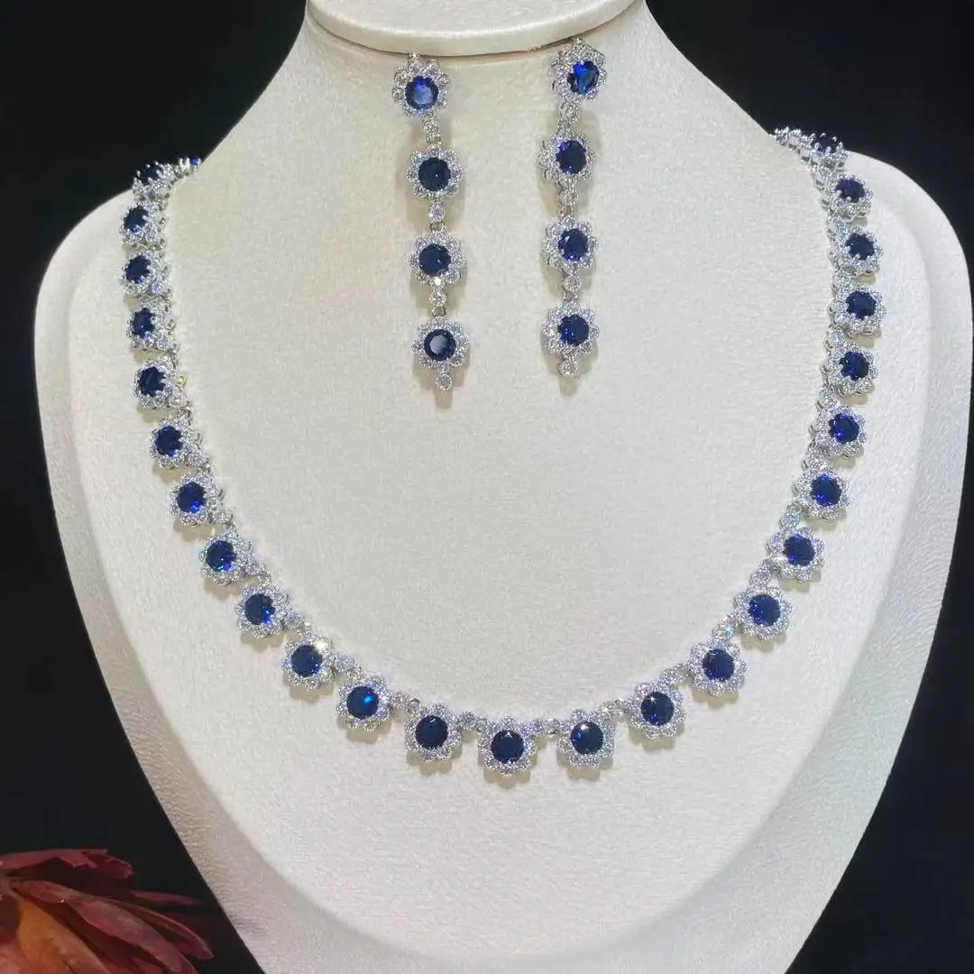 ASNOIRA Set di gioielli da sposa da donna, collana, orecchini, fiore, colore verde, blu e argento, pavé di cristalli, zirconi cubici