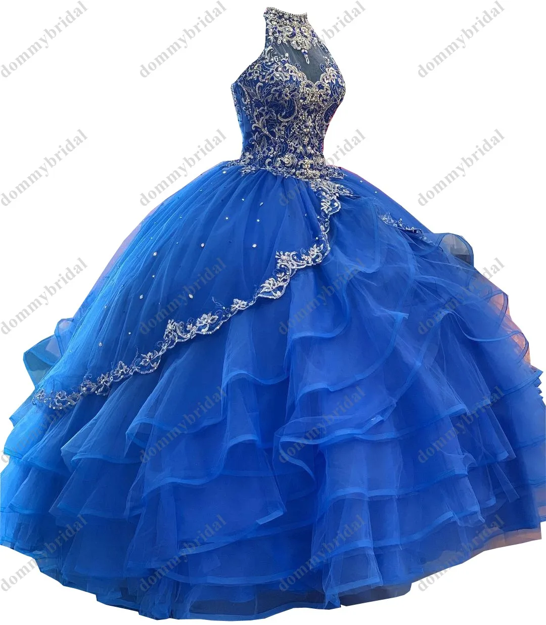 Vestido de baile do vintage 15 anos sliver bordado cristal quinceanera vestido de baile alta pescoço azul royal organza babados