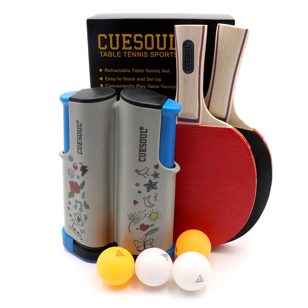 CUESOUL 2 players Table Tennis Set with 2 Paddles and 4 Balls Retractable Net