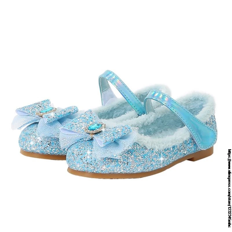 Kids Casual Shoes For Girls Winter Cotton Shoes For Toddlers Girl & Children Flat Loafers With Thick Fur Hairy Frozen Elsa 23-34