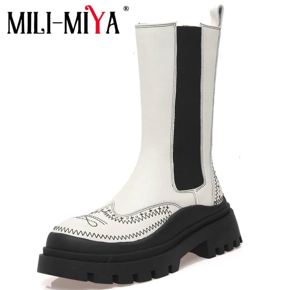 

MILI-MIYA Fashion Brand Design Women Cow Leather Ankle Boots Slip On Round Toe Square Heels Platform Street Shoes Handmade