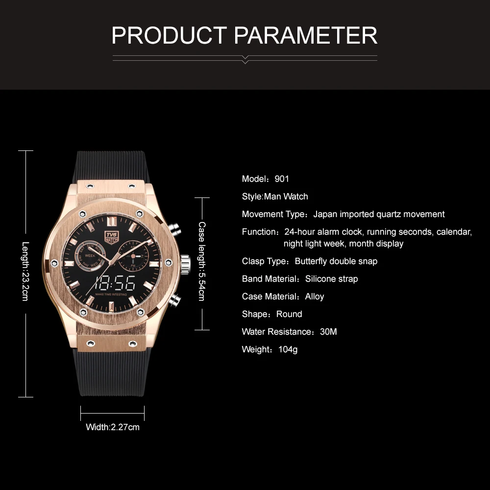 2021 TVG Top Brand Luxury Rose Gold Watches Men Sports Watches Dual Display Quartz Wristwatches Multifunction Clock Reloj Hombre