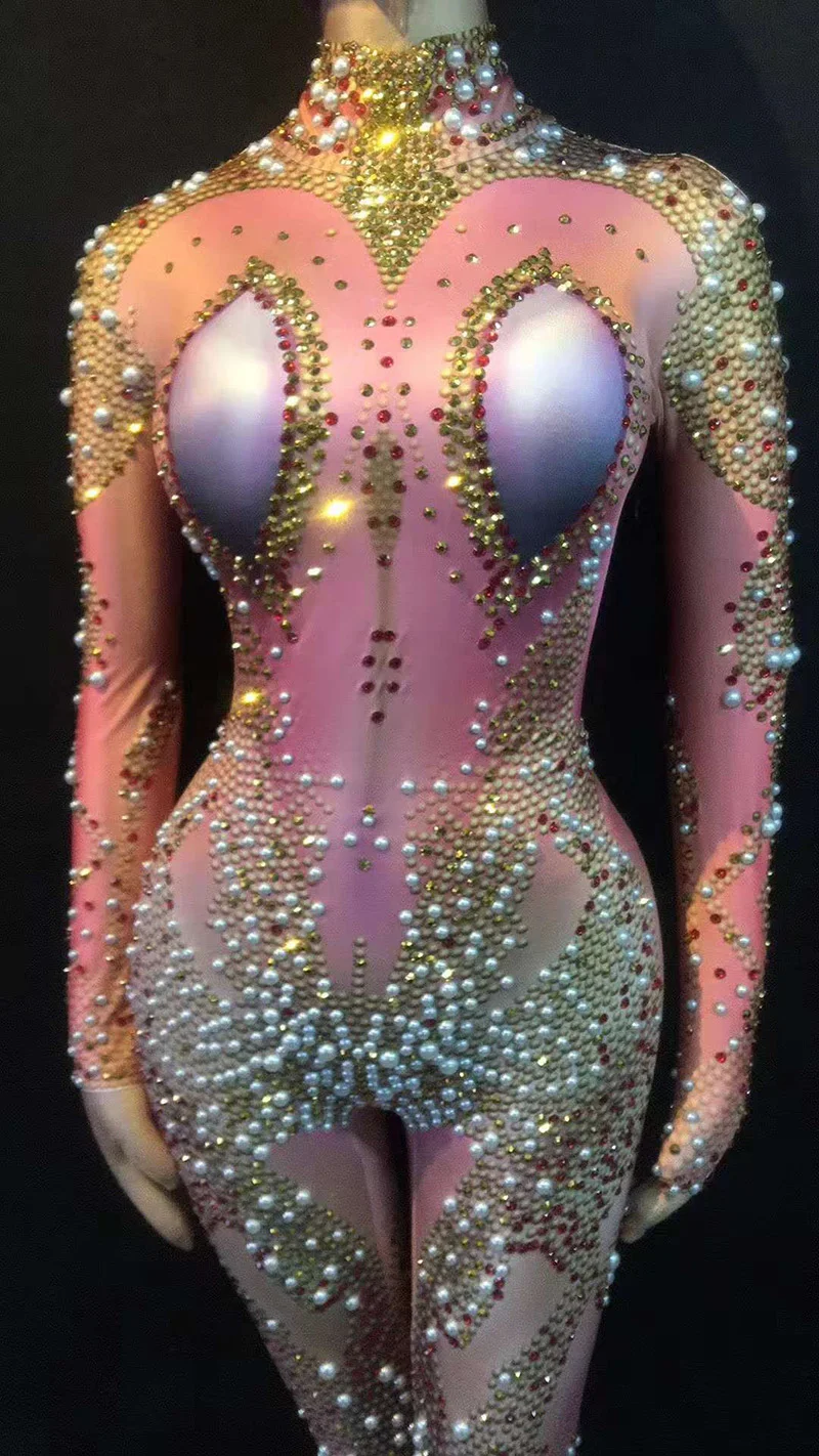 Big Rhinestones Jumpsuit Pink Glisten Bodysuit singer stage dance costume