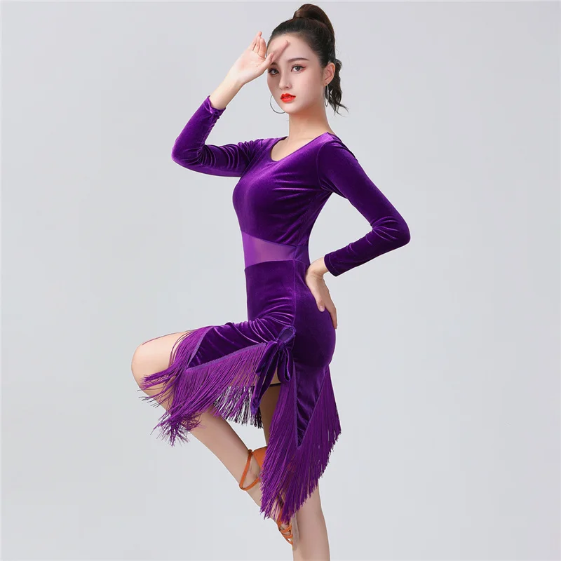 Ladies Latin Dance Tassel Clothing Women Adult Ballroom Tango Salsa Rumba Costume Korea Velvet Tassel Net Yarn Splicing Dress