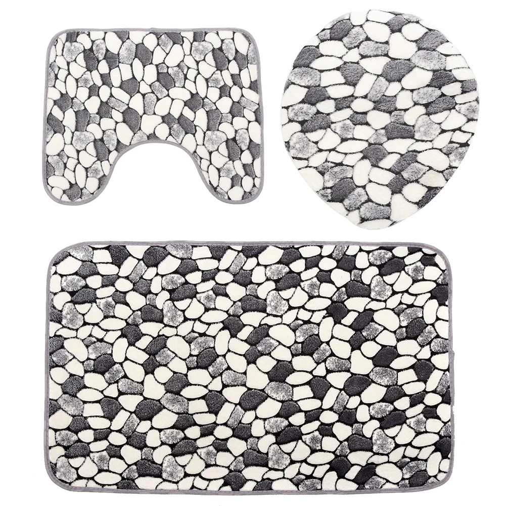 3Pcs/Set Stone Pattern Washable Anti-Slip Bathroom Pedestal Rug Carpet Toilet Lid Cover Bath Mat Set Bathroom Supplies