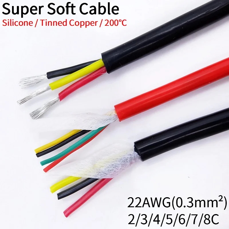 Copper Wire 22AWG Super Soft Silicone Rubber Sheath Wire 2 3 4 5 6 7 8 Cores Insulated Flexible High Temperature Power Cable