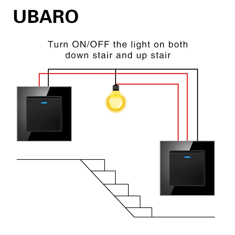 UBARO EU Tempered Glass Panel Flame Dual Control PC Plastic Button LED Indicator 1Gang 2 Way Stair Bedside Wall Push Switch