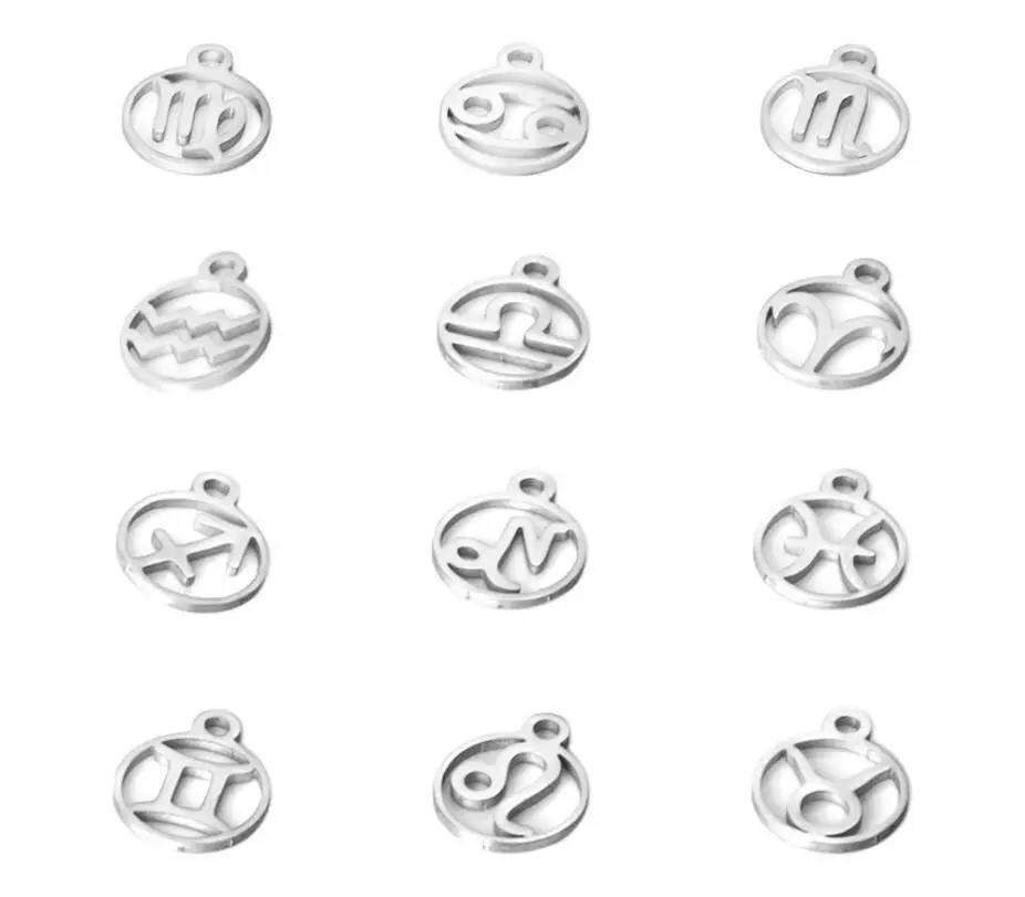 24pcs 12mm Mirror Polished Stainless Steel Zodiac Signs Charms With 1.5mm Hole Constellations Pendant for DIY Handmade Jewelry