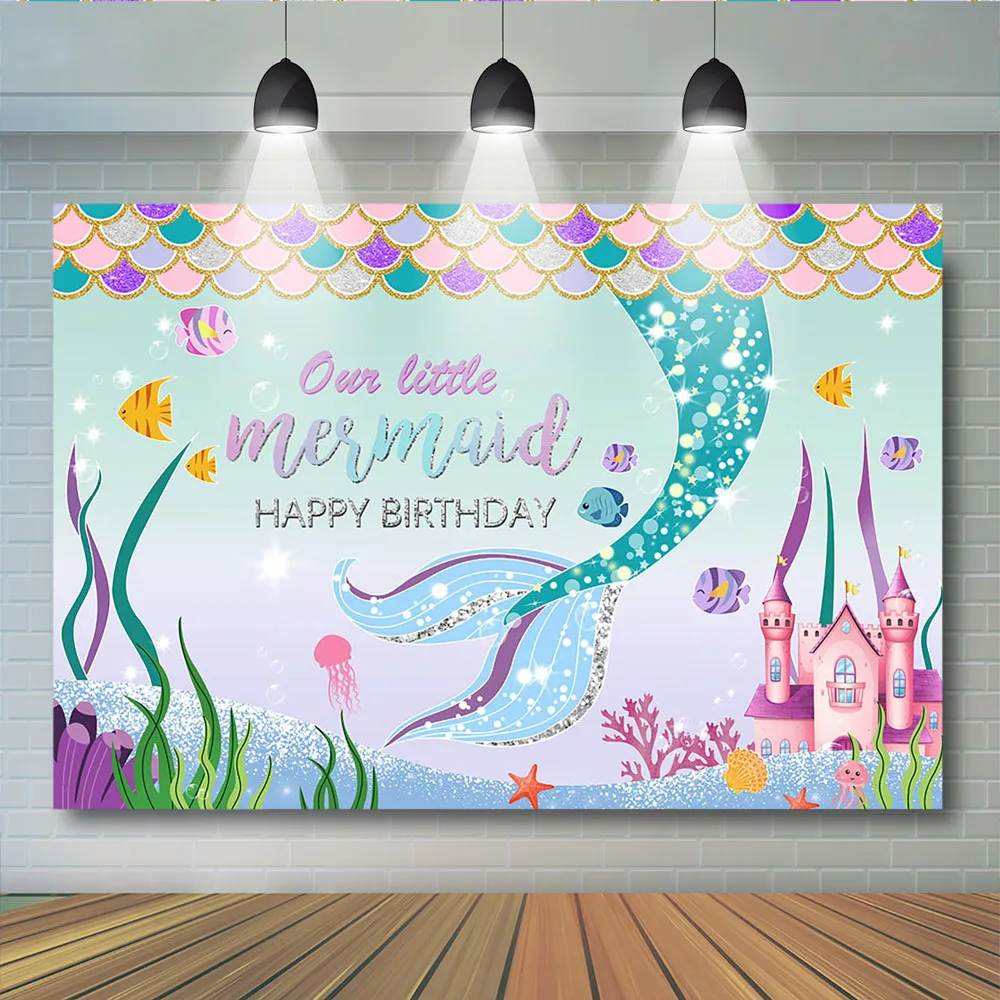 

One Little Mermaid Themed Photography Backdrop Princess Under the Sea Corals Fish Aquatic Plants Decoration Backdrop