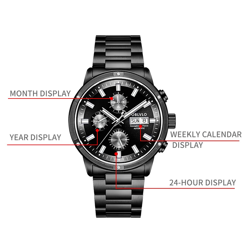 OBLVLO Orologi automatici da uomo Cronografo maschile Orologio da polso meccanico di lusso 100M Cinturino in acciaio luminoso impermeabile Data della settimana