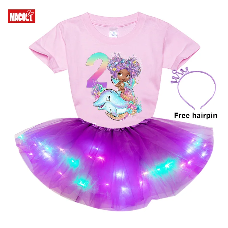 Girl Birthday Tutu Dress Sets Black Mermaid Dolphint Shirt Set Princess Girl Set Dress Party Light Dress+t Shirt 3 4 5 6 7 Years