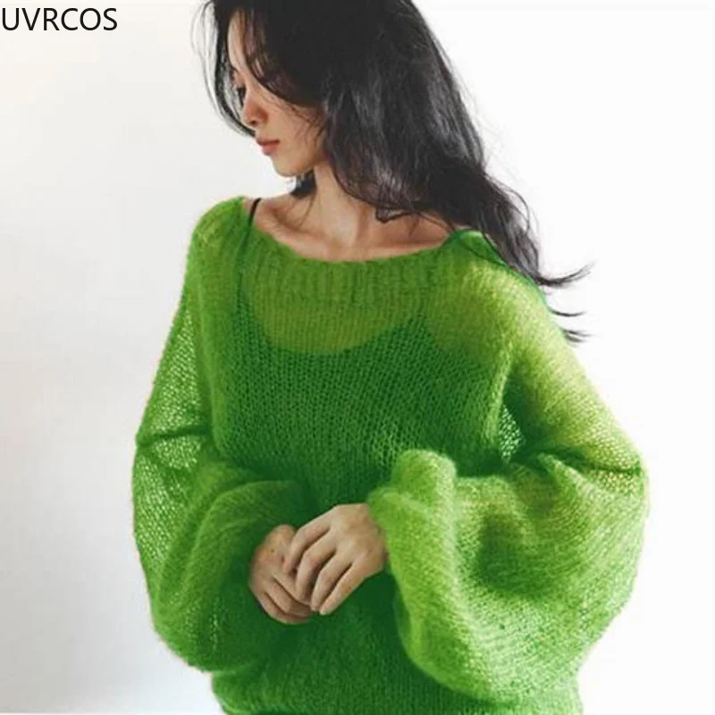 Knitted Sweaters Women Casual Slim Solid Mohair Thin Hollow Pullovers Slash Neck Loose Sweatshirt Sweet Elegant Korean Clothing