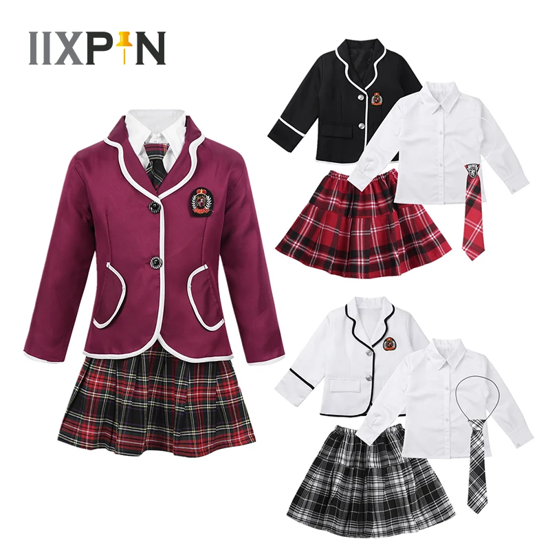 Bambini ragazze uniformi scolastiche in stile britannico studente Cosplay Anime Costume abito manica lunga cappotto con camicia cravatta Mini gonna Set