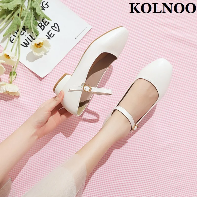 Kolnoo Handmade Ladies Low-heel Pumps Buckle Ankle Strap Faux Leather Party Dress Shoes Wedding Prom School Fashion Court Shoes