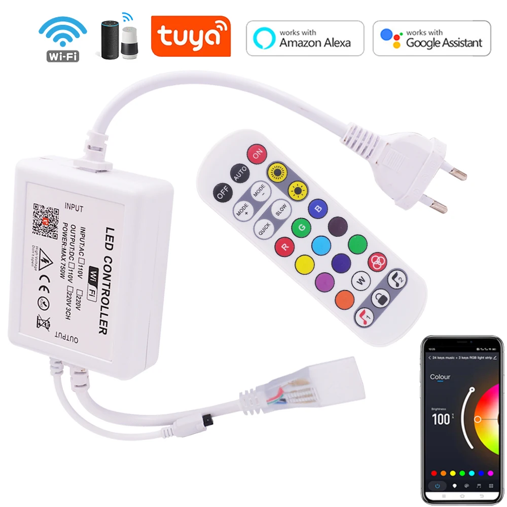 Tuya WiFi RGB Controller 220V 110V 750W 1500W Remote App Music Control for 10mm PCB Width RGB LED Strip Neon Tape