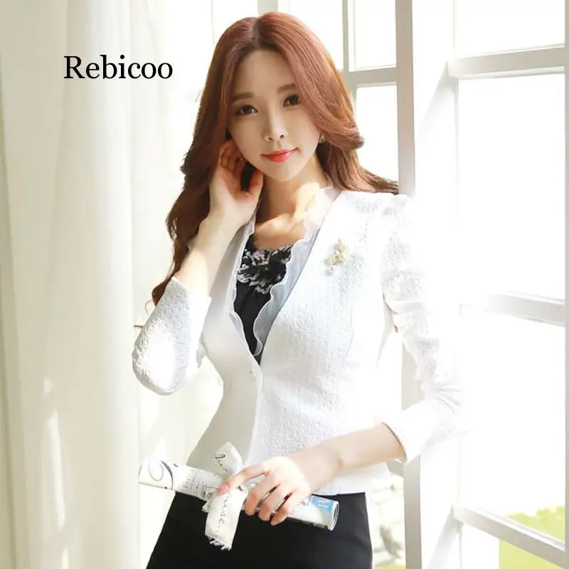 Spring Autumn Women Blazer White Mesh Bordered Ruffled Slim Single Button Short Blazer Long Sleeve Jacket Coat Outwear