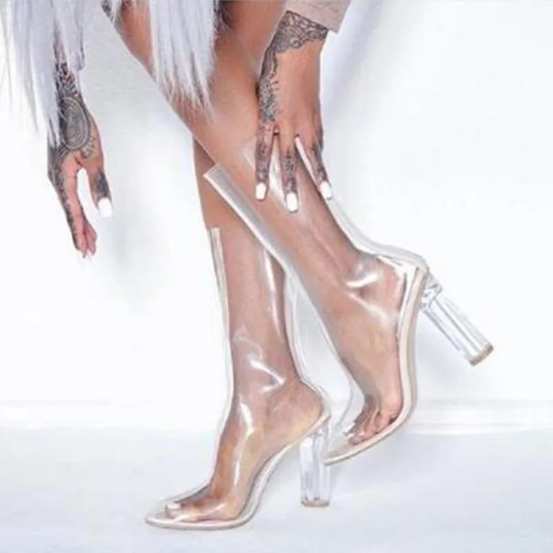 

Clear PVC Chunky Heel Boot Sexy Pointed toe Transparent Square Heels Women Dress Shoes Back Zipper Rumway Bootie