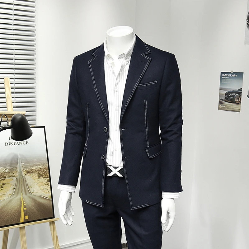 Men Leisure Clothing Blazers Suit Jackets Suits For Wedding 50% Wool Fashion Man Deep Blue Jacket Size 56 (Including 1 Jacket)