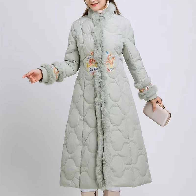 Rabbit Fur Spliced Down Jacket Mid-Length Female New Retro Embroidery Chinese Style Disc Buckle Loose White Duck Down Coat M-XXL