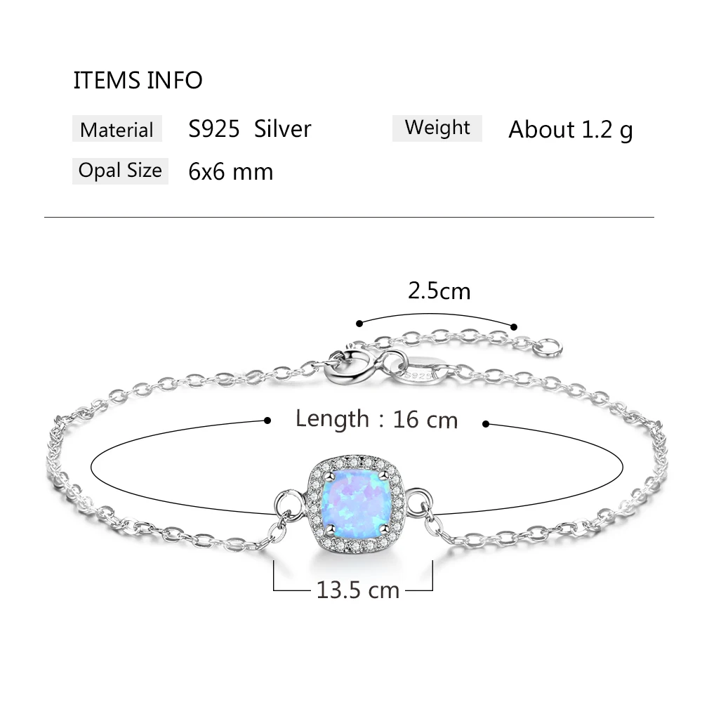 JewelOra 925 Sterling Silver Square Created Blue Opal Bracelets with Cubic Zirconia Elegant Chain Bracelets & Bangles for Women