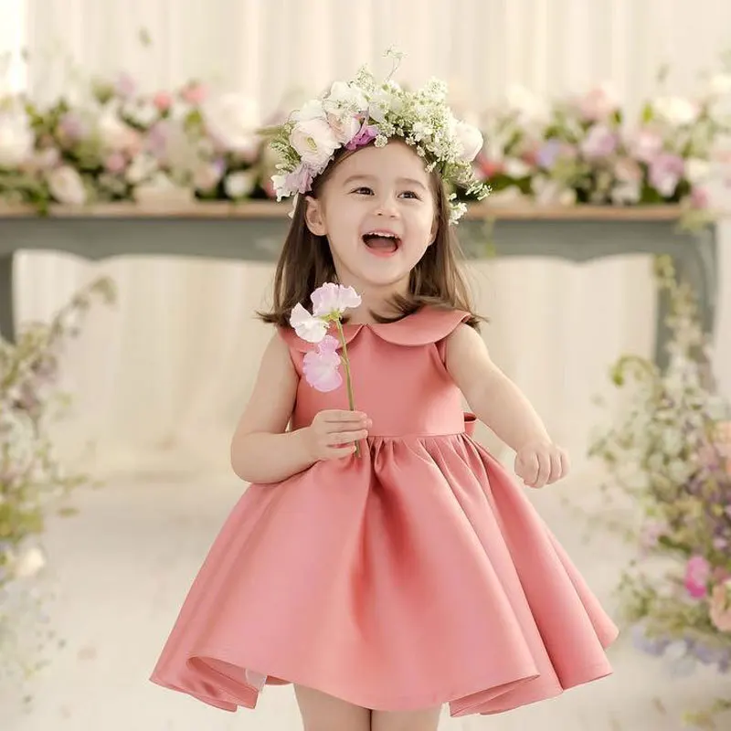 Fashion Girl Princess Vintage Dress Tulle Child Vestido Puff Sleeve Pink Wedding Party Birthday Tutu Dress Child Clothes 1-10Y