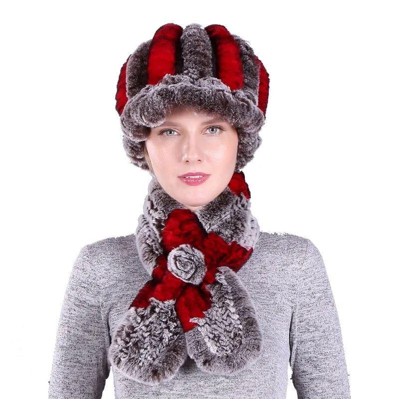 Genuine Knitted Rex Rabbit Fur Visor Hat with Scarf Sets Winter Fashion Ear Protector Headgear Neckring  LF21010QX