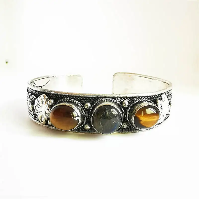 Tibetan Jewelry White Metal Copper inlaid Beads Bangle Natural Tiger Eye Open Cuff BB-415