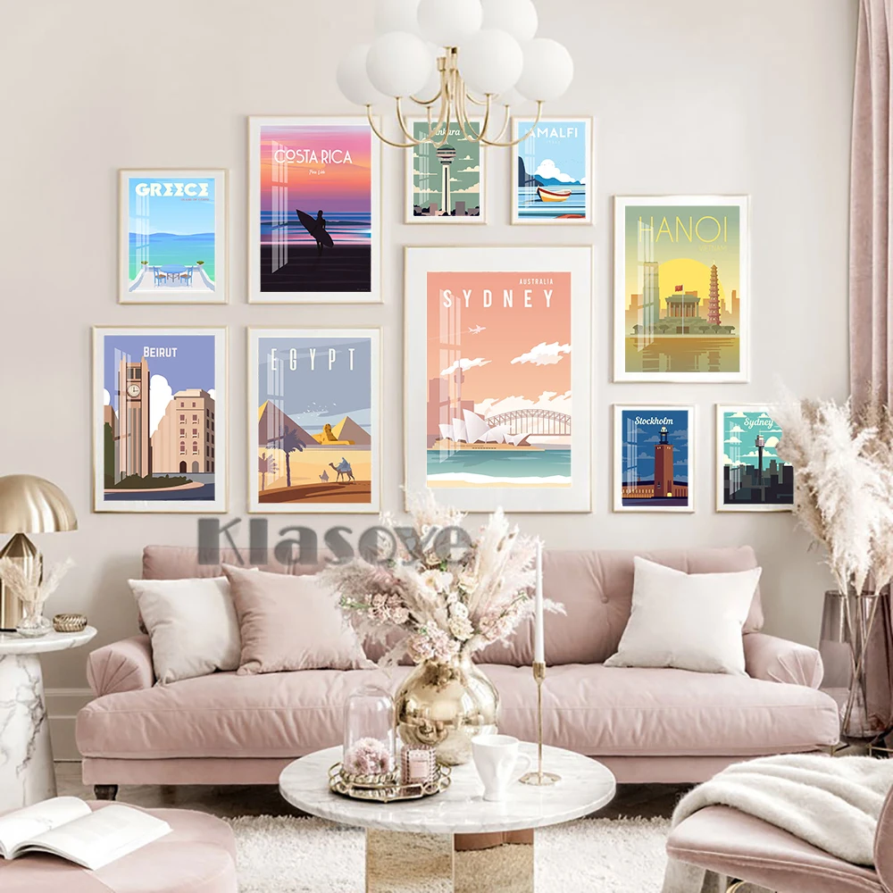 

World City Travel Map Poster Amalfi Ankara Beirut Canvas Painting Greece Egypt Hanoi Jerusalem Print Art Wall Picture Home Decor