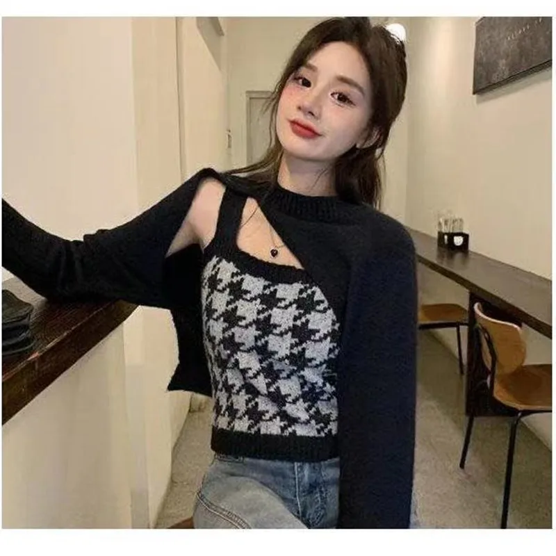 2 Piece Set Women's Knitwear 2021 Autumn Newly Houndstooth Camis and Irregular Long Sleeve Shawl Blouse Top Pull Femme