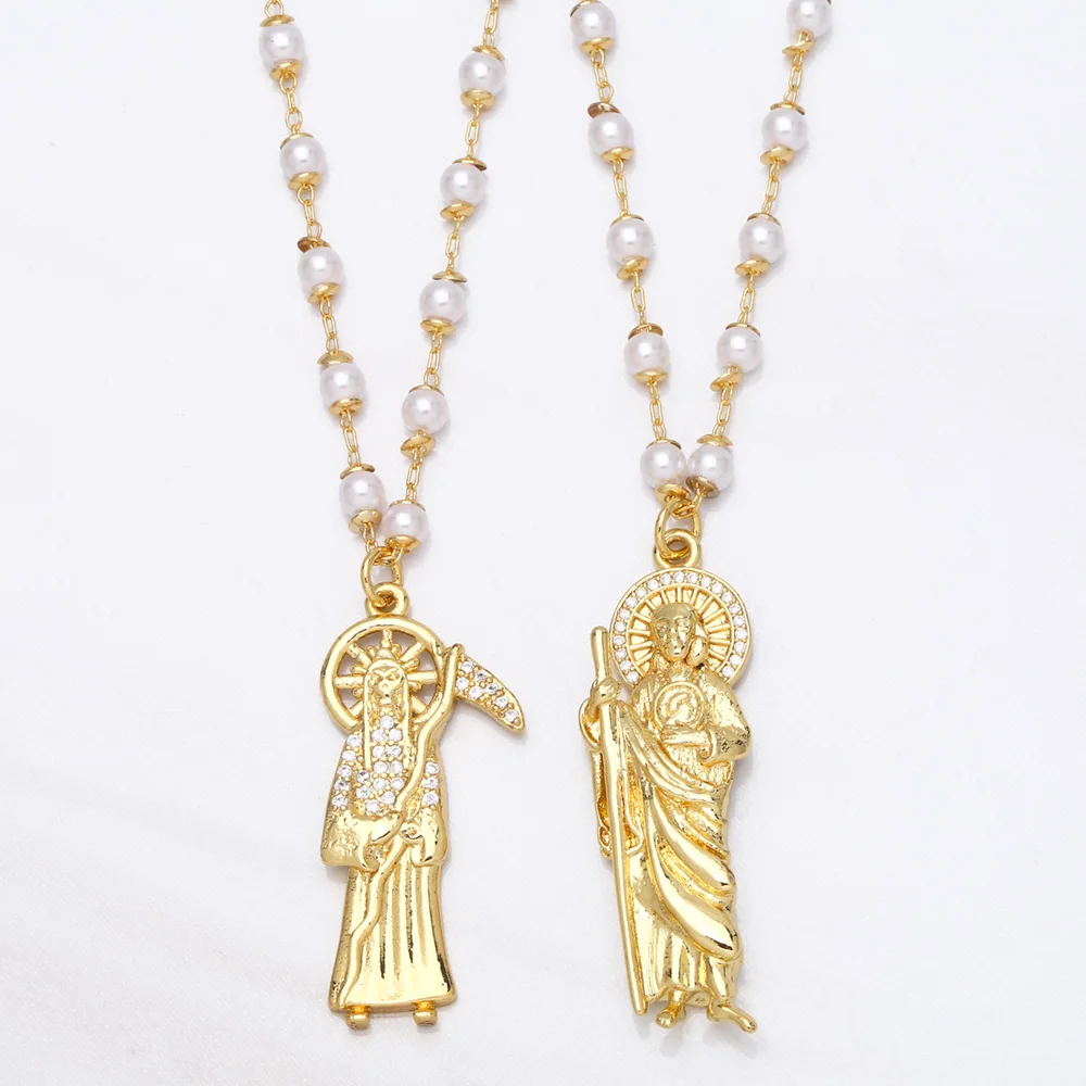 FLOLA Beaded Chain Holy Death Necklace for Women Gold Plated San Judas Necklaces Amulet Jewelry santa muerte nkea040