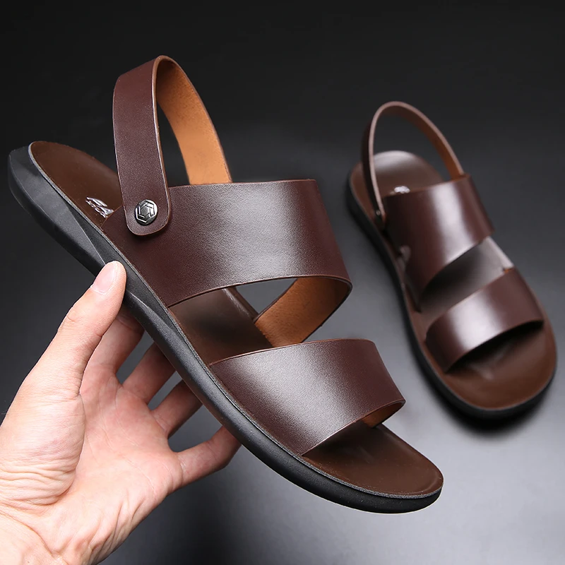 Yomior New Fashion Vintage Men Shoes Cow Leather Soft Breathable Casual Flats Summer Beach Sandals Slippers Flip Flop Black