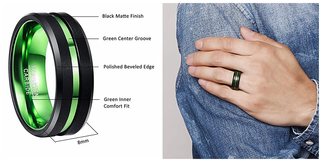 High Quality Men\'s Black Matte Finish Tungsten Carbide Ring Green Center Groove Polished Beveled Edges Comfort Fit Size 4-16