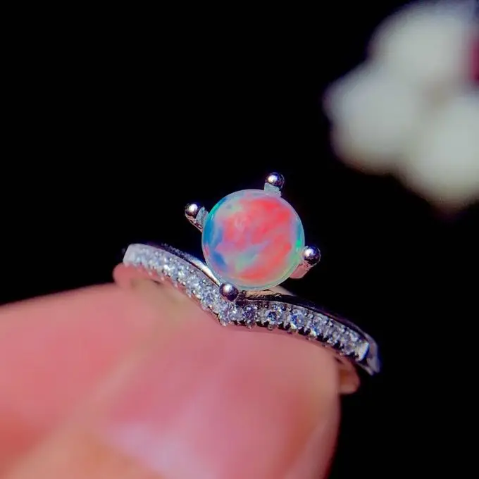 6mm Natural Ethiopian Fire Opal Ring 925 Sterling Silver Curved Ring Engagement Wedding Women Adjustable Rings For Gift