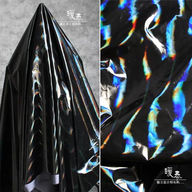 Rainbow Laser Down Fabric Holographic Bright Black Waterproof DIY Decor Bags Tights Trousers Down Jacket Clothes Designer Fabric