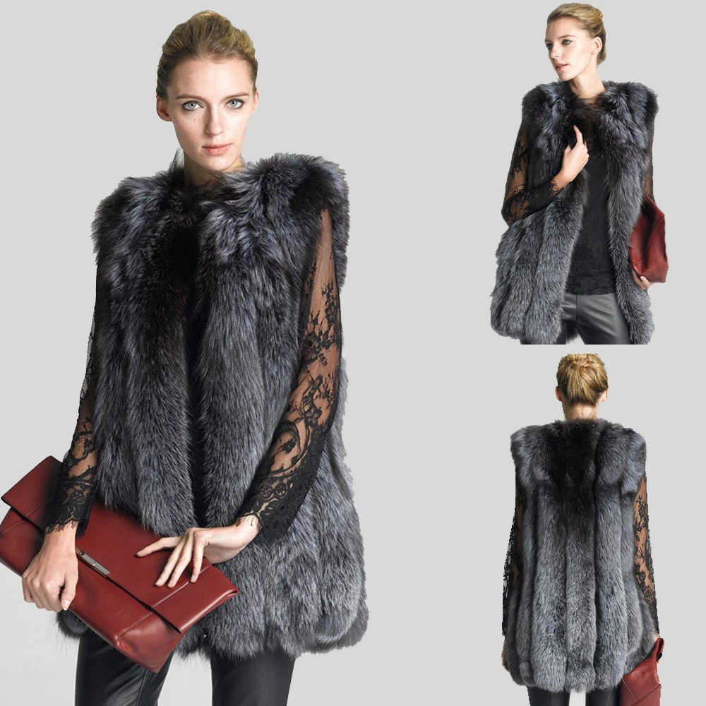 New Arrival Autumn and Winter Faux Fox Fur Vest Ladies Mid-length Female Silver Size S to 6XL Outfit