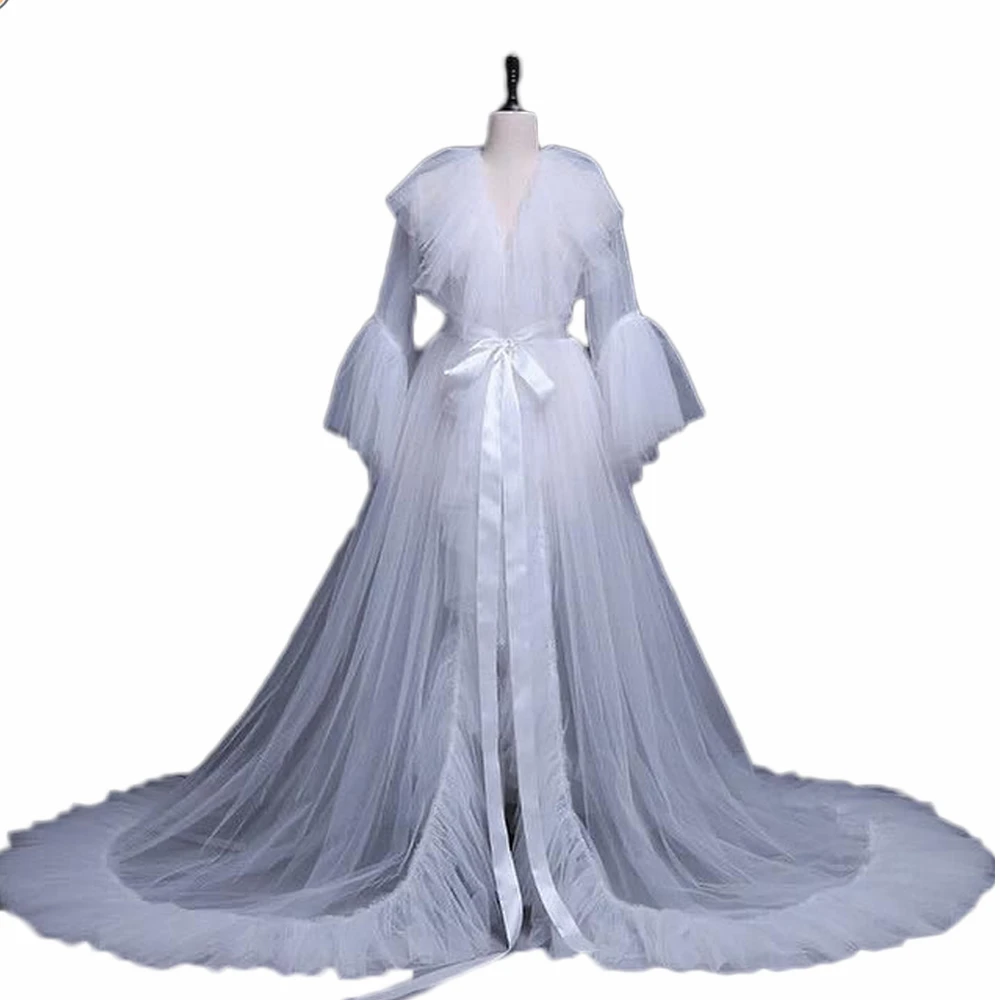

Customized Sexy Maternity Women Pajamas Bathrobe White Tulle Photo Shoot Dress Party Evening Nightdress