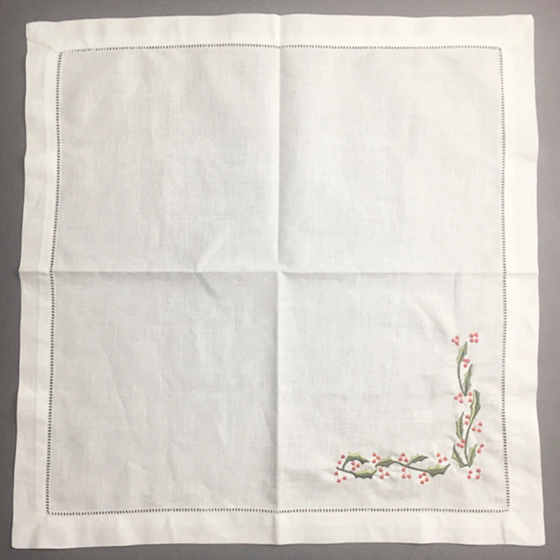 Set von 12 Taschentücher Weihnachten Abendessen Servietten weiß Hemstitched leinen Serviette Farbe Gestickte Blumen 18x1 8/20x20-inch