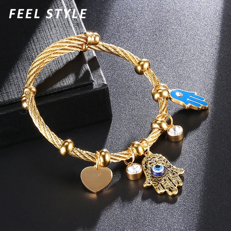 Turkish Lucky Fatima Hand Evil Eye Heart Adjustable Bracelets For Women High Quality Stainless Steel Jewelry