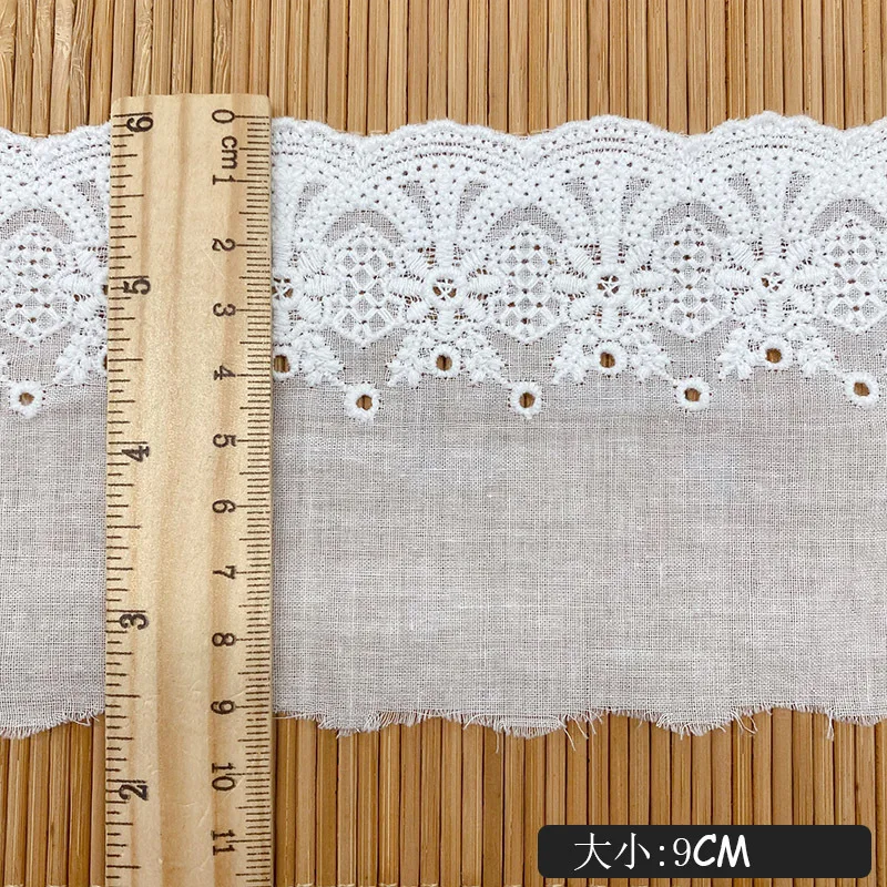 9CM Width 3Yards Hollow Embroidery Flower White Cotton Lace Fabric DIY Wedding Cloth Sewing Garment Accessories