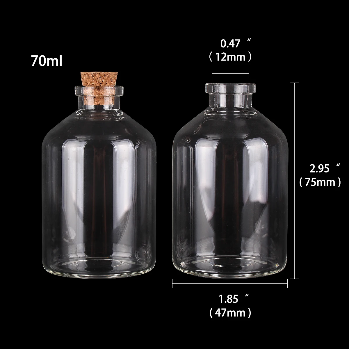 90 pieces 70ml 47*75mm Glass Transparent Empty Bottles with Cork Stopper Vessels Decorative Jars Message Jars for Art DIY Crafts