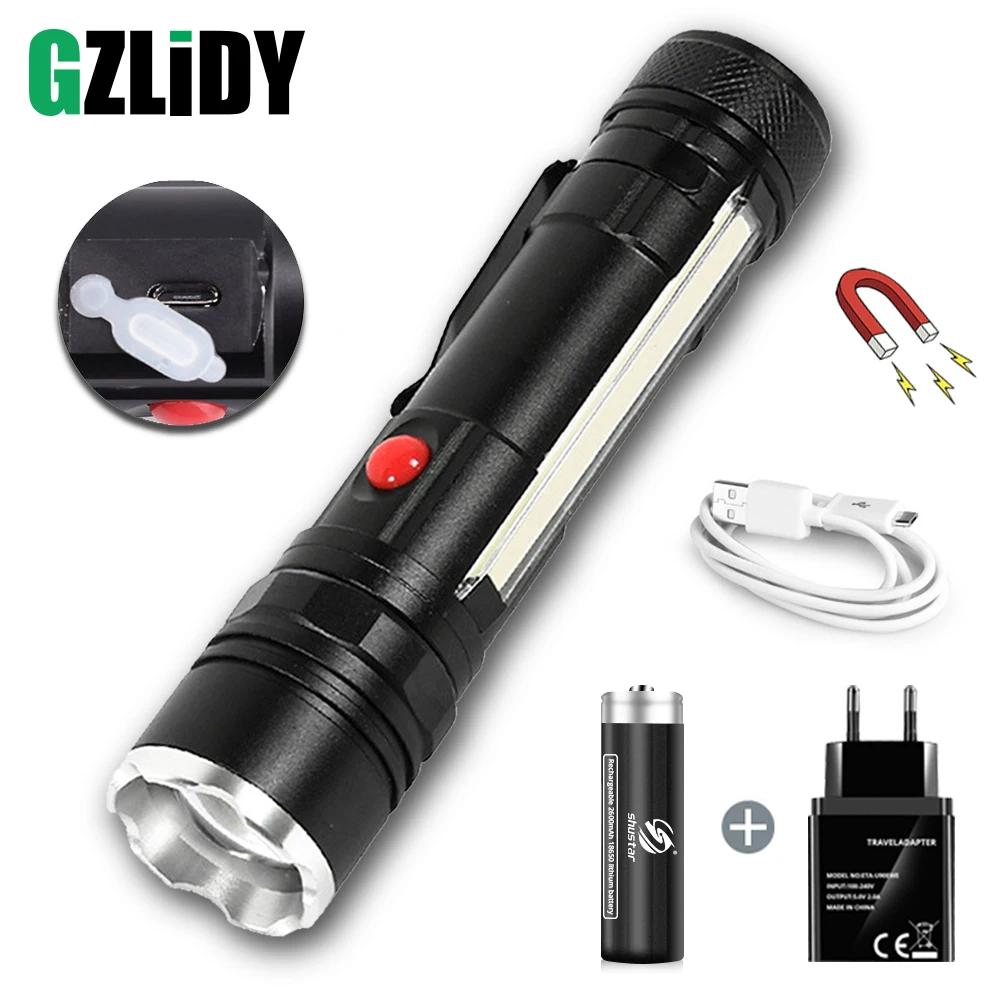 

Powerful T6 LED Flashlight COB Work Light with Magnet USB Tactical Torch 4 Modes Waterproof Fishing Lantern 18650 Zoom Lamp